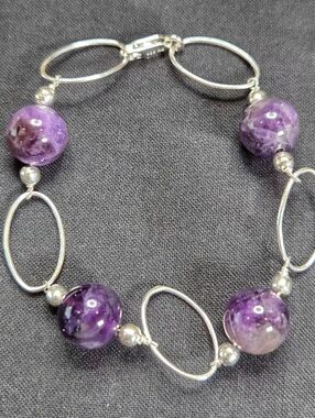 NWOT Vintage Sterling Silver Amethyst Link Bracelet 925 FAS THAI Signed